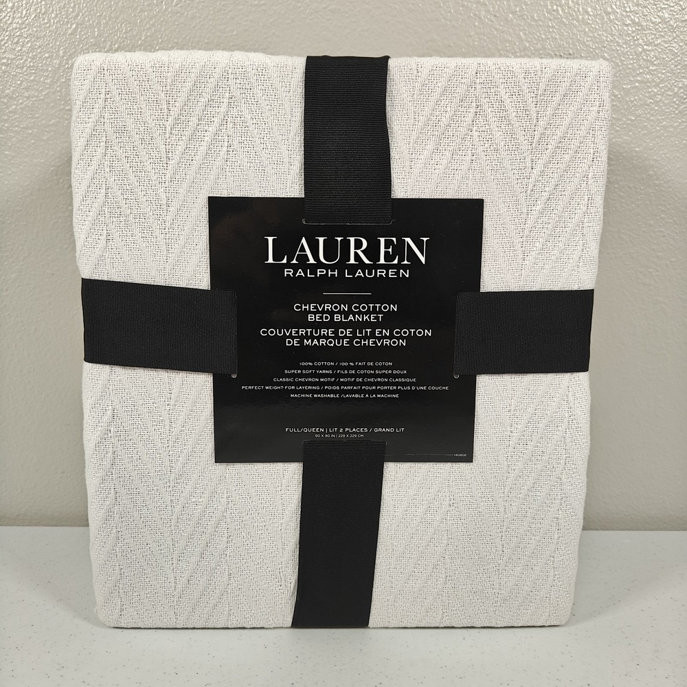 Lauren Ralph Lauren Full Queen Cotton Chevron Bed Blanket White 90x90 NEW